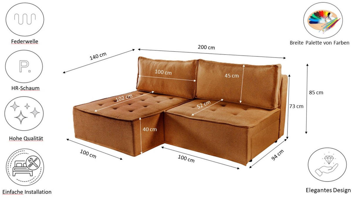 ECKSOFA Bohoo Mini Modernes Mit Schlaffunktion Ziegel Rechts - Kupferfarben, Holz (200/140cm) - Kaiser Möbel