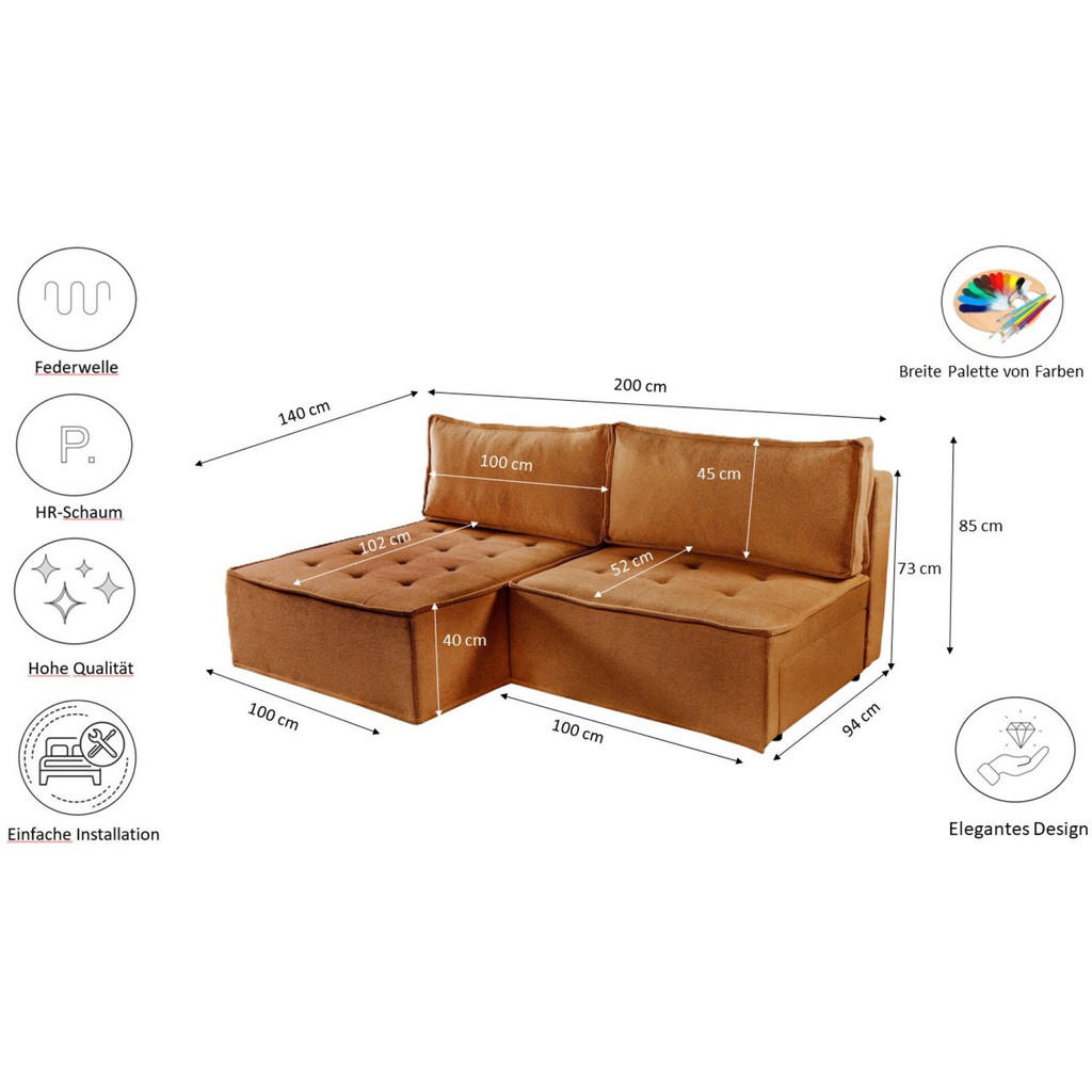 Thumbnail - Kaiser Möbel Ecksofa, Kupfer, Holz, L-Form, 200x140 cm, Wohnzimmer, Sofas & Couches, Wohnlandschaften, Ecksofas