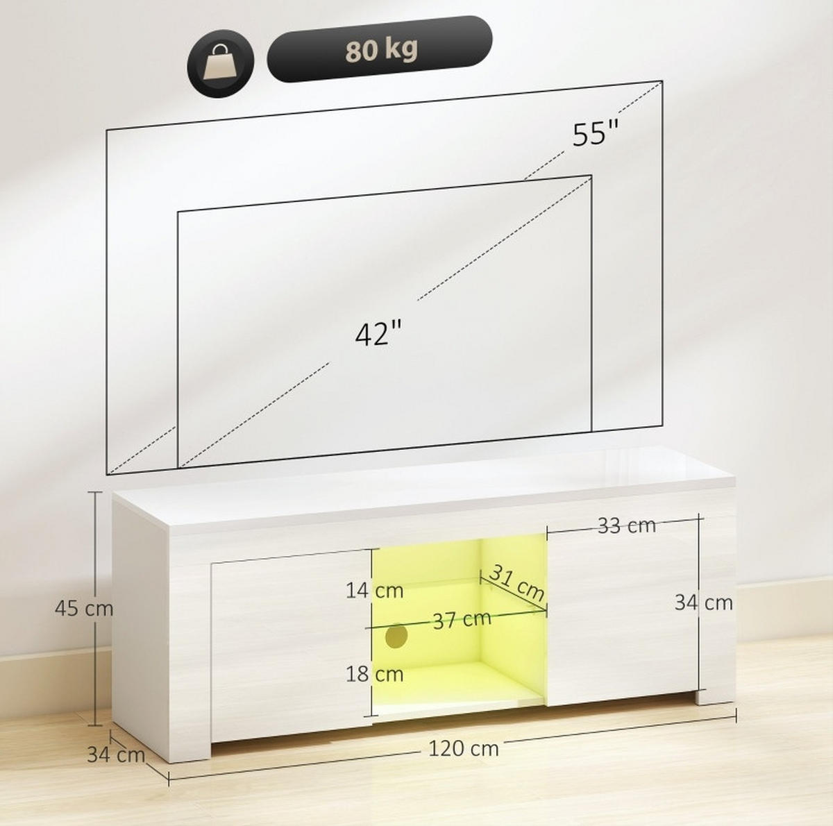 LOWBOARD 120/34/45 cm aus Glas und Holzwerkstoff mit LED-Beleuchtung Weiß - Weiß, Holzwerkstoff (120/45/34cm) - Modenvie