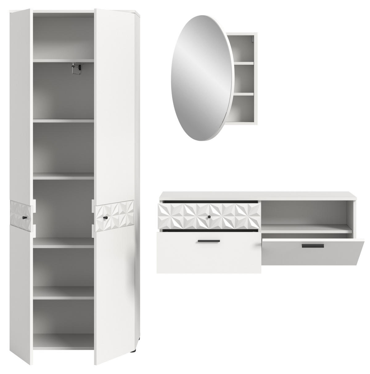 GARDEROBE Set weiß Hochglanz 195 cm, Kombination mit 3D-Struktur - Weiß Hochglanz/Schwarz, Glas/Holzwerkstoff (195/192/34cm) - Inn.Furn