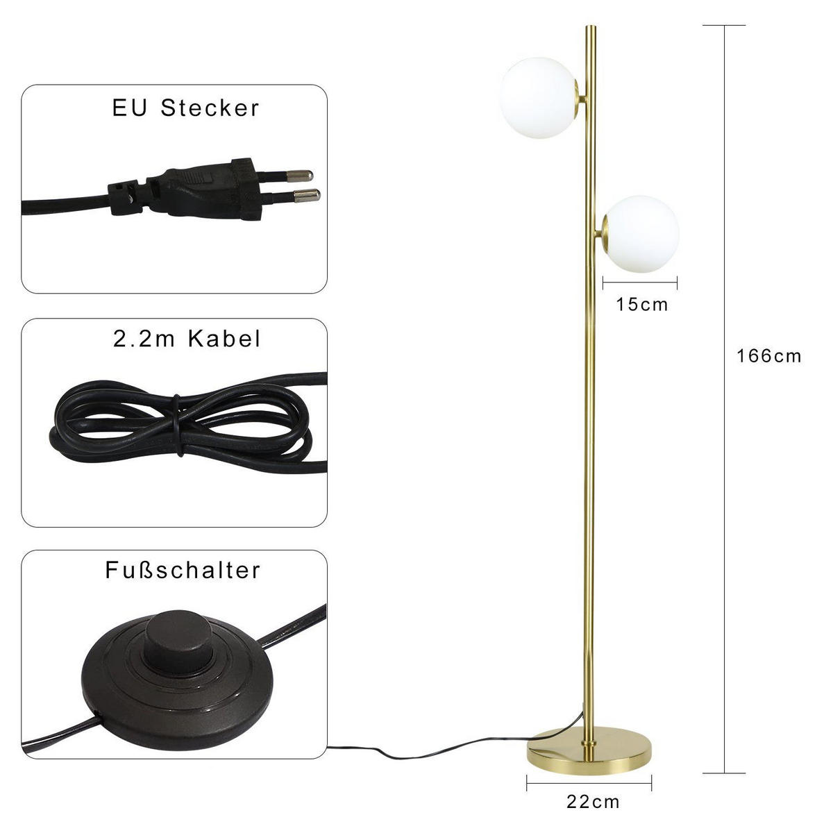 STEHLEUCHTE Essen 22/15/166 cm - Goldfarben, Metall (25/20/150cm) - Nettlife
