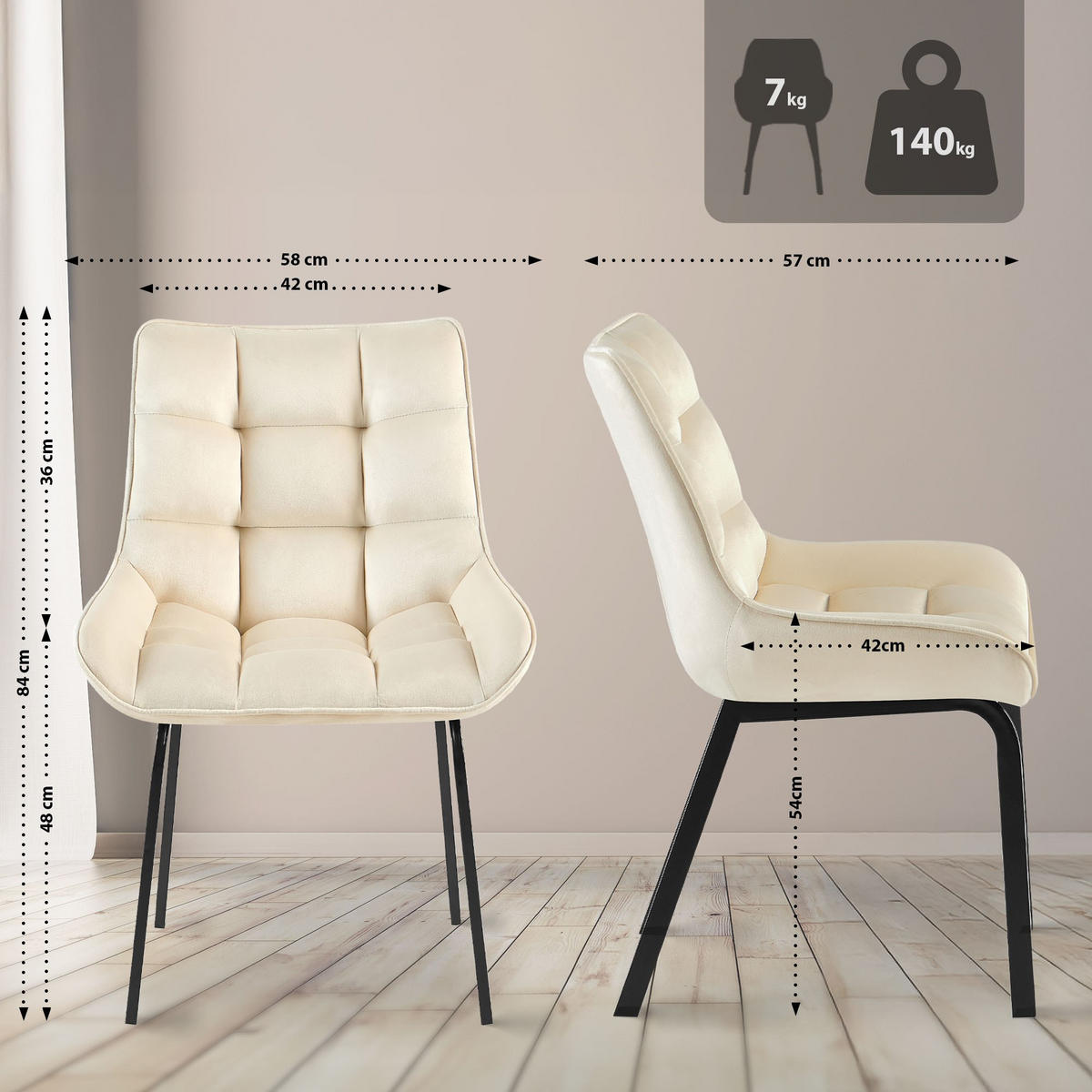 STUHL 2er Set Samt Creme - Creme/Schwarz, Textil/Metall (58/84/57cm) - CLP