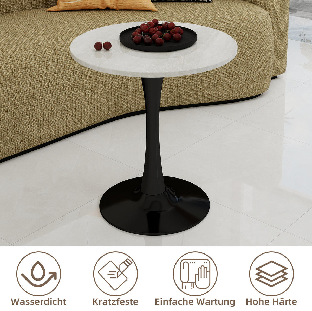 COUCHTISCH 70 cm in Schwarz/Weiß aus Kunstmarmor–rund und modern - Schwarz, Stein (70/70/72cm) - Flora Grace