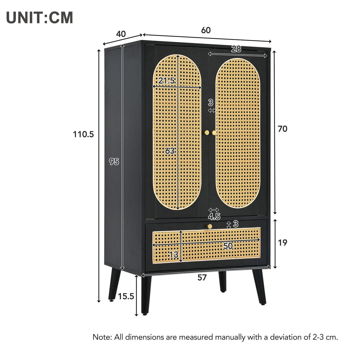 HIGHBOARD Aus Rattan Schwarz 60/40/110,5 cm - Schwarz, Holzwerkstoff/Metall (40/110.5/60cm) - Urban Meuble