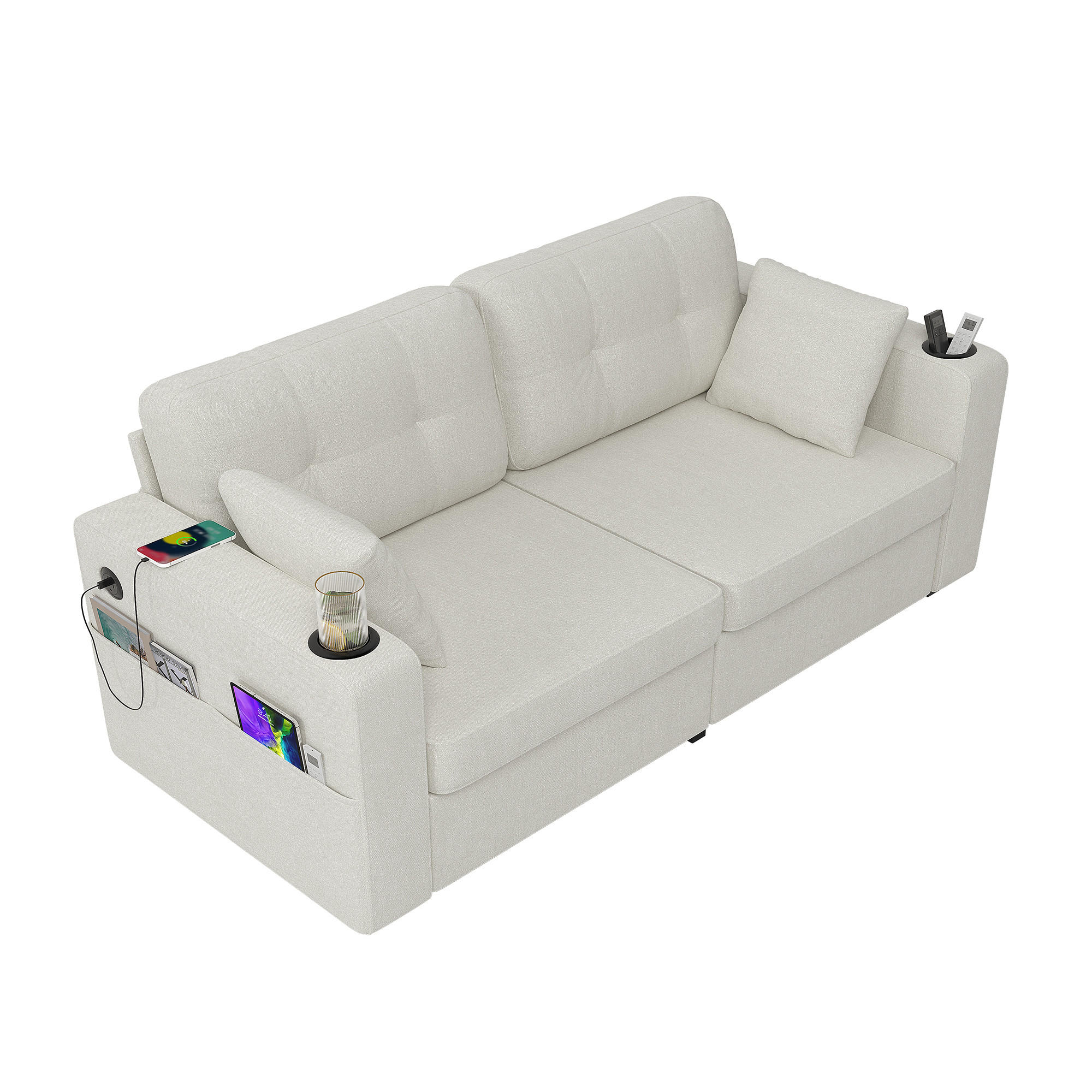 2-SITZER Sofa aus Chenille 172x75x82 cm mit USB-Anschlüssen & Stauraum, beige - Beige, Textil (75/82/172cm)