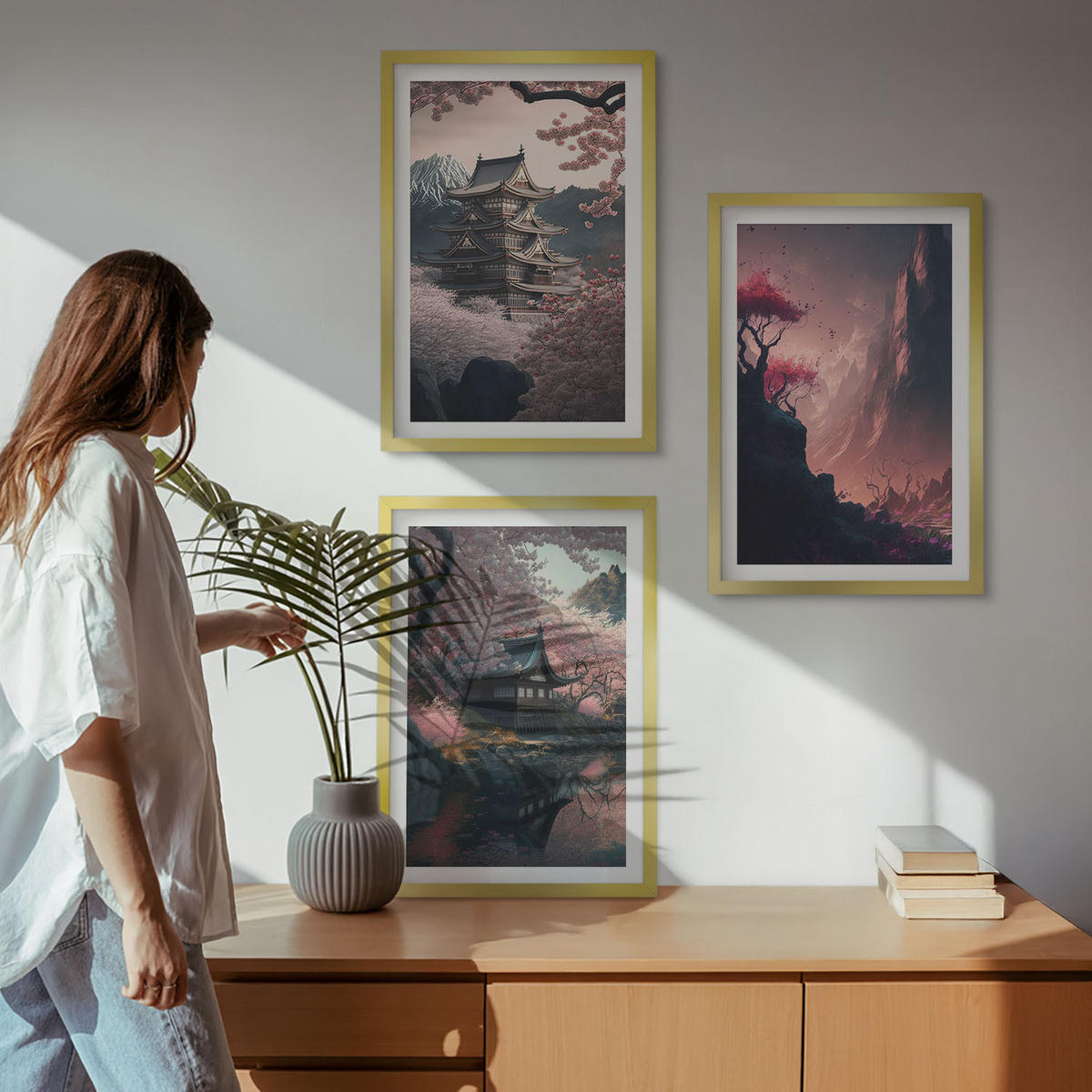 WANDBILDER 3er Set - 40x60 cm Goldrahmen - Fantasielandschaften der japanischen Berge - Goldfarben, Kunststoff (40/60cm) - ArtPrintCave