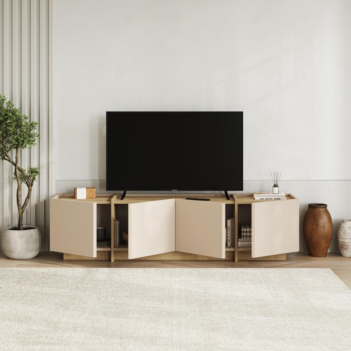 TV-MÖBEL mit 4 Türen in Kaschmir- und Eiche-dekor 180/35/46 cm - Beige, Holzwerkstoff (35/46/34cm) - Calicosy