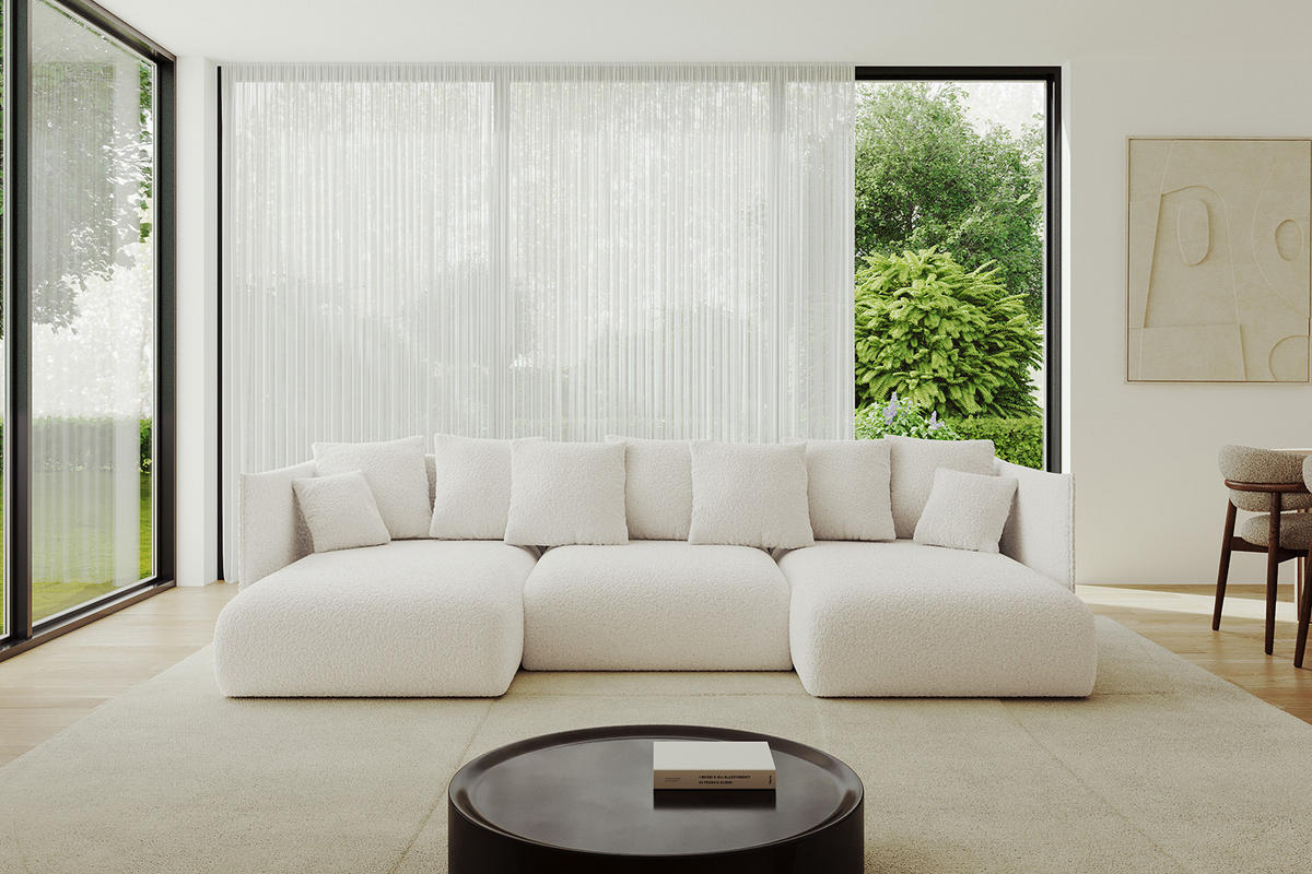 WOHNLANDSCHAFT mit Schlaffunktion und Bettkasten ONESK-U 304x165x40 Weiß Bouclé - Weiß, Holzwerkstoff/Kunststoff (304/90/165cm) - ALTDECOR
