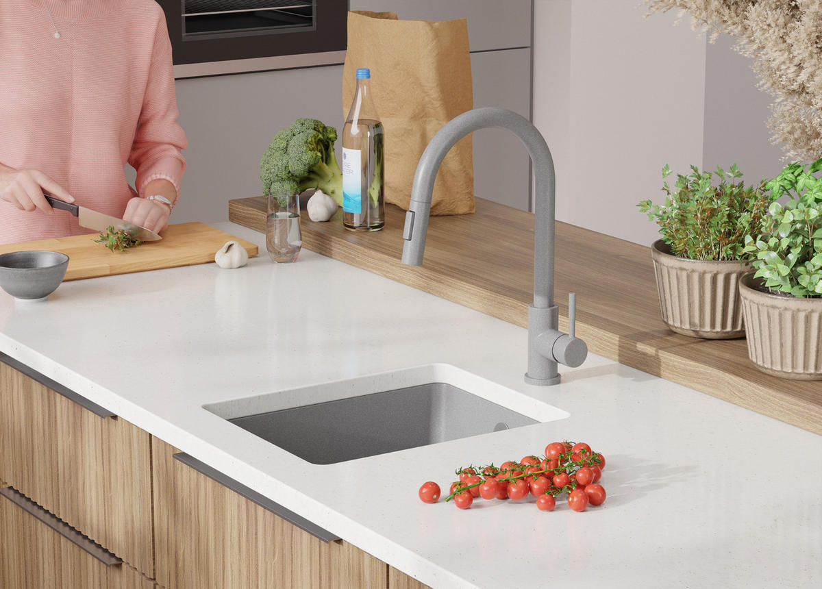 UNTERBAUSPÜLE GRANIT Venedig Easy, 2-er set Grau 36/44 cm 1 Becken + Küchenarmatur 40/20 cm + Ablauf-Set ab 40er Unterschrank - Grau, Kunststoff (36/20/44cm) - Primagran