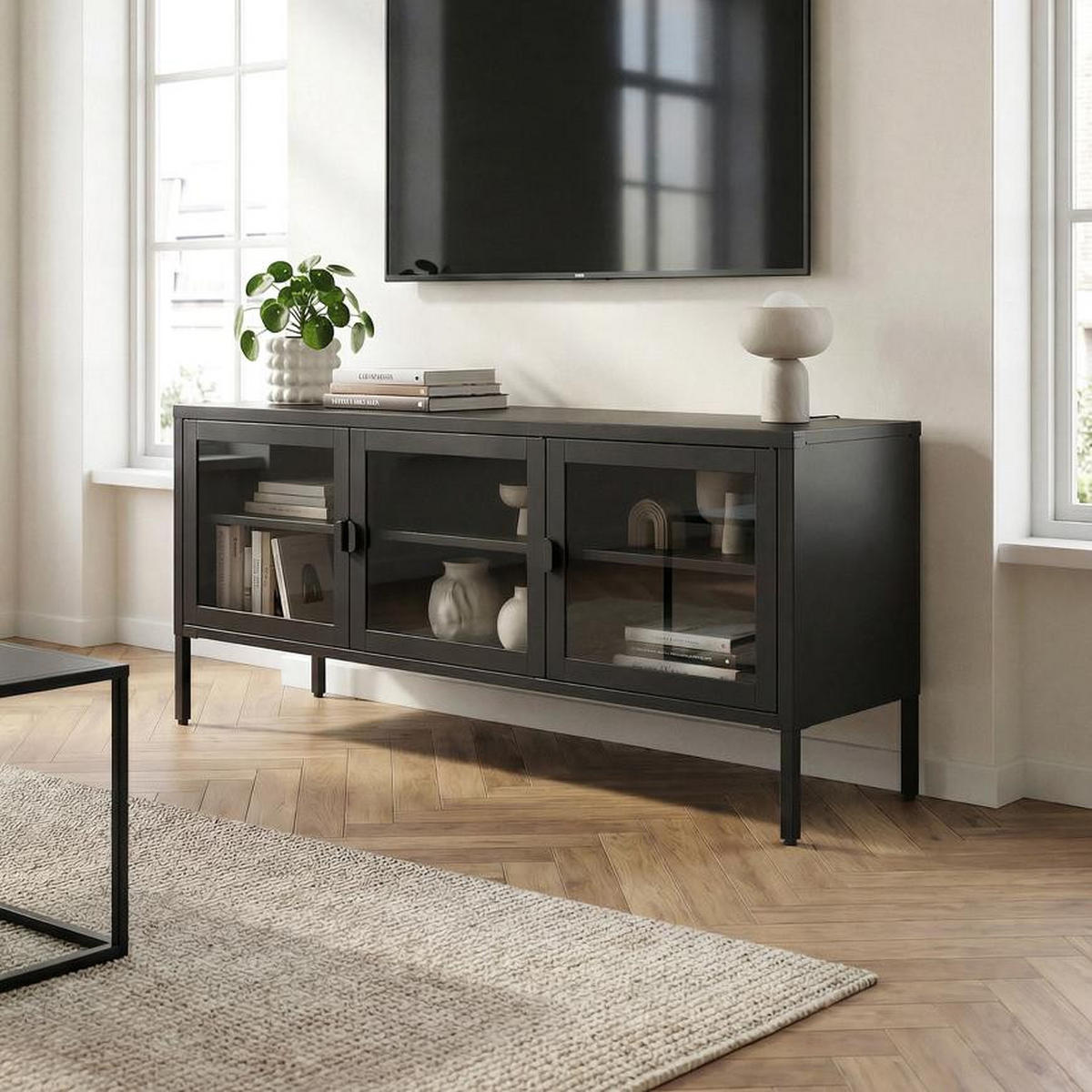 TV-LOWBOARD Metall 130cm 3 Türen, Schwarz und Sicherheitsglas EZRA - Schwarz, Metall (130/55/40cm) - Sicaan