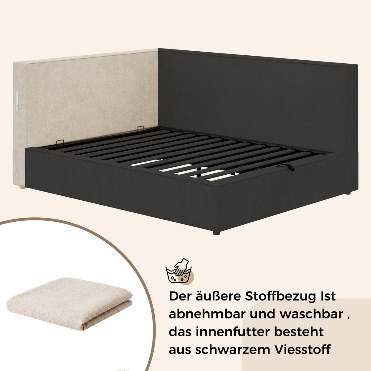 DAYBETT 140x190 cm, Beige, Chenille, LED, USB/Typ-C - Beige, Textil (140/200cm) - FLIEKS