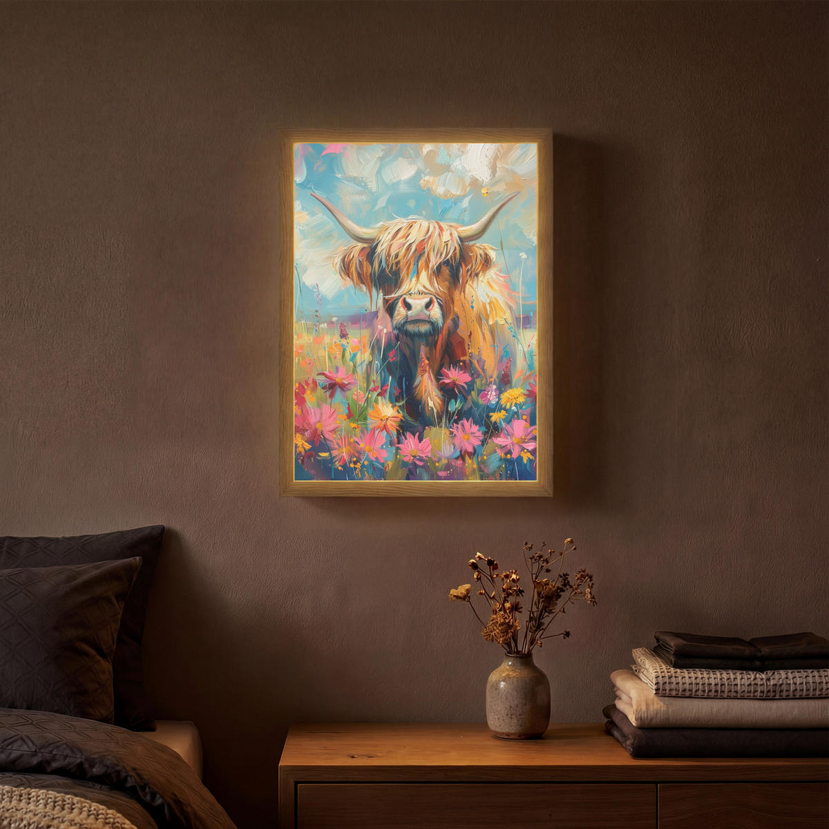 NÁSTĚNNÁ LAMPA S AKUMULÁTOREM Skotský horal - Příroda - Barevné - Květiny 30x40 cm - různobarevná, kompozitní dřevo (30/40/8cm) - OnlyWow