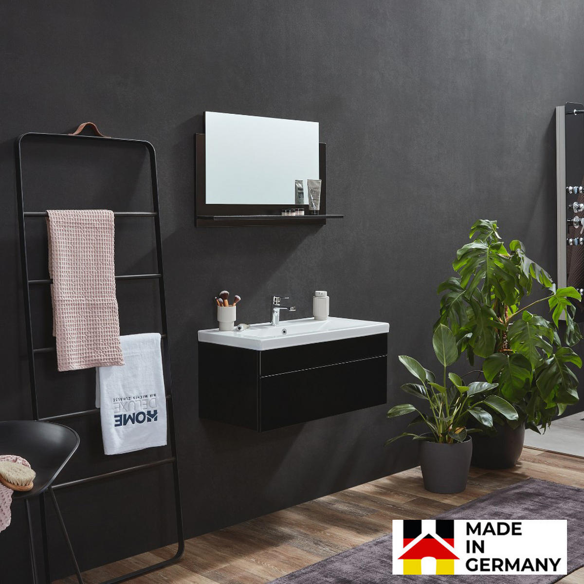 BADMÖBEL WANGEROOGE BIG M - Schwarz, M - Schwarz, Holz/Keramik (33/73/80cm) - Home Deluxe