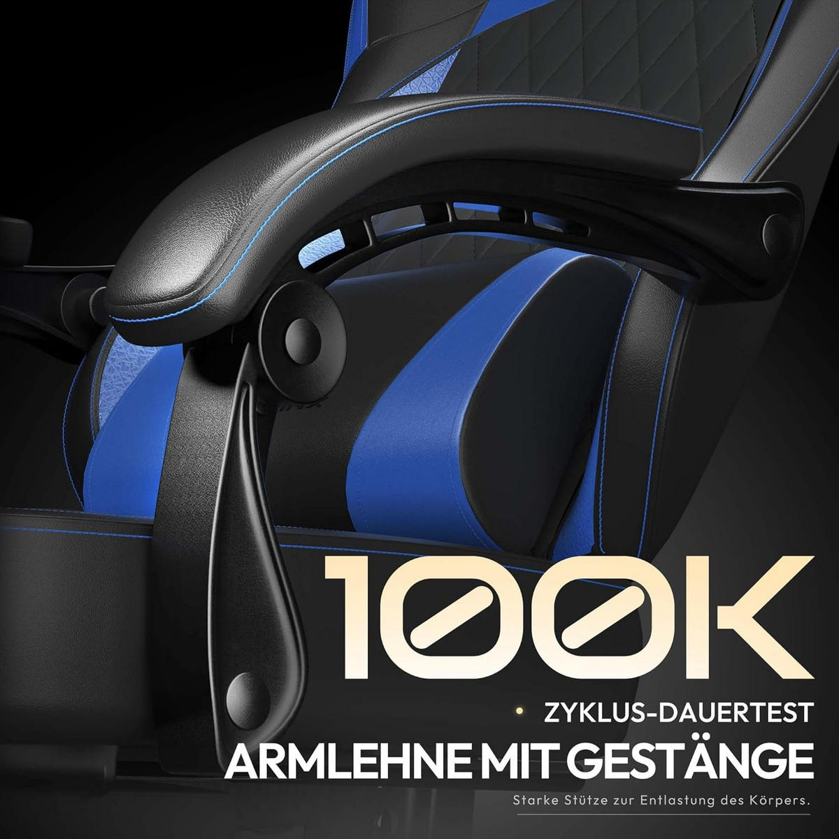 GAMING-STUHL ergonomischer & 150 kg Tragfähigkeit, Fußstütze, PU-Leder - Blau, Leder (65/127/63cm)