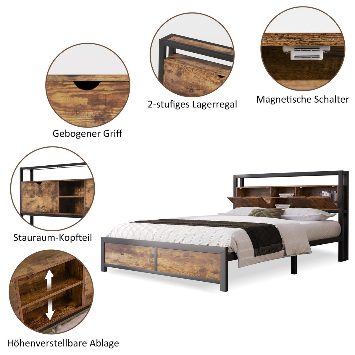 METALLBETT aus Metall & Holz 140x200 cm in Natur mit Stauraum-Kopfteil - Naturfarben, Metall (140/200cm) - Modfu