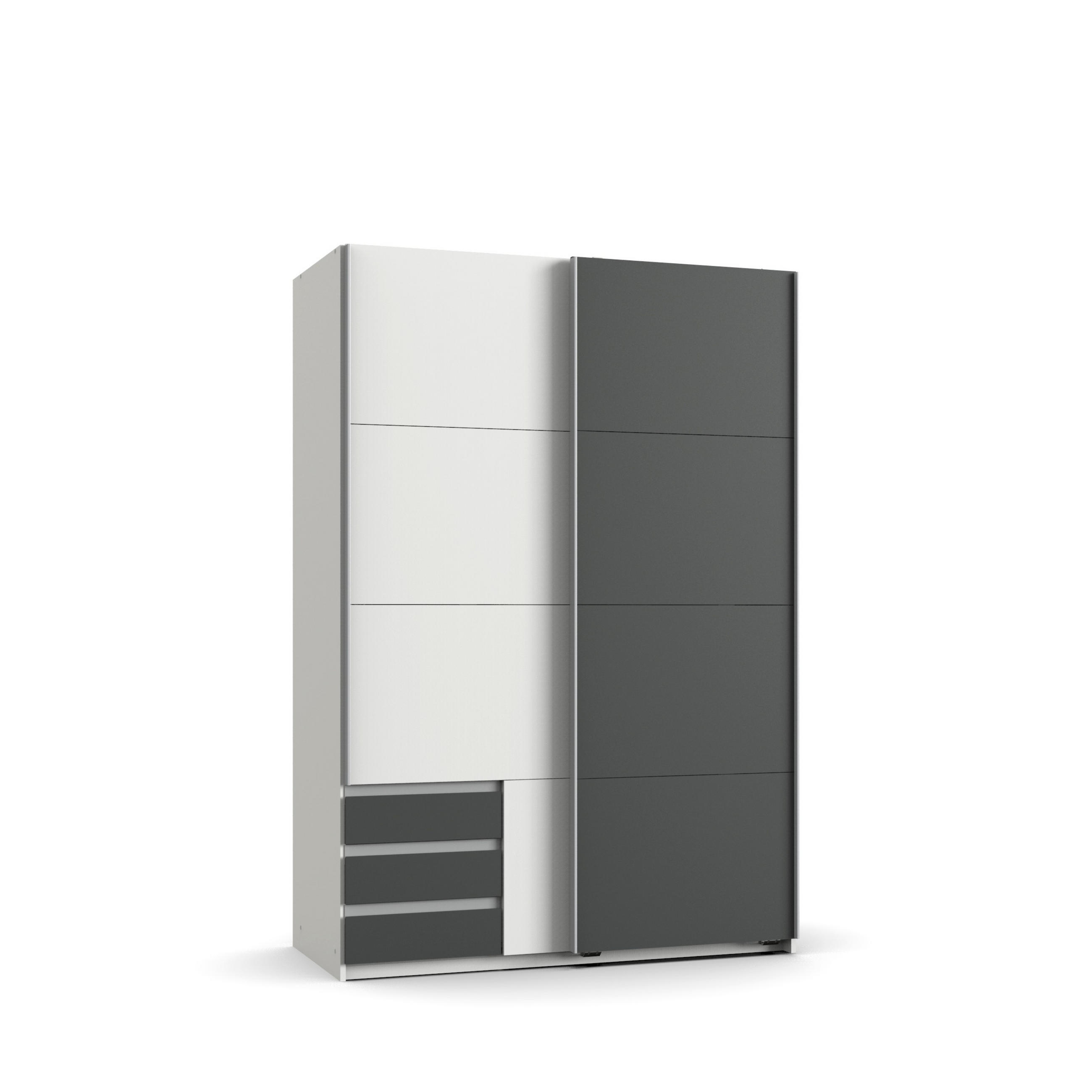 SCHWEBETÜRENSCHRANK 2-türig B135/H198/T65 cm, Kleiderschrank in Weiß, 1x Tür & sichtbare Schubkästen in Grafit / 22661 - Alufarben/Graphitfarben, Holz/Holzwerkstoff (135/198/65cm) - luma-home