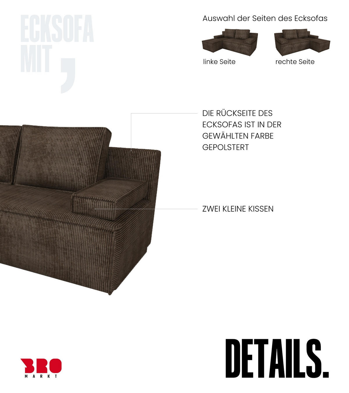 ECKSOFA Caspar mit Schlaffunktion Braun Cord - Braun, Textil (200/141cm) - Bromarkt