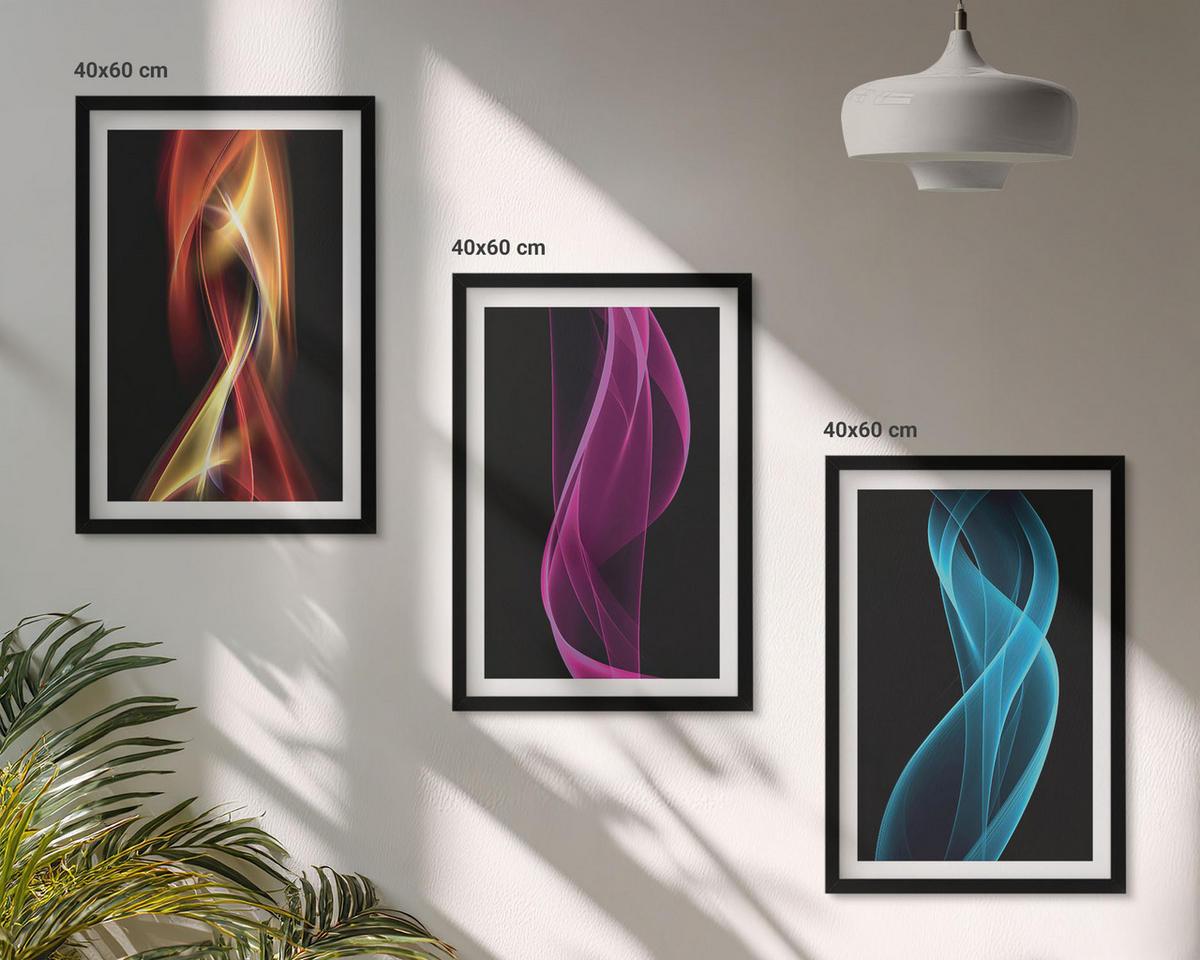 BILDER SET 3er Set - 40x60 cm Schwarzer Rahmen - Neonwellenlinien auf dunklem Hintergrund - Schwarz, Kunststoff (40/60cm) - TULUP