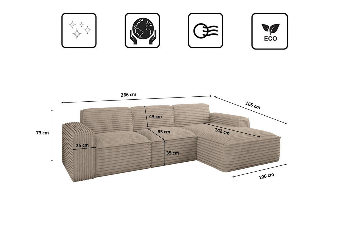 ECKSOFA L-Form Siena Stoff Velo Beige Rechts - Beige, Holz/Kunststoff (266/165cm) - Kaiser Möbel