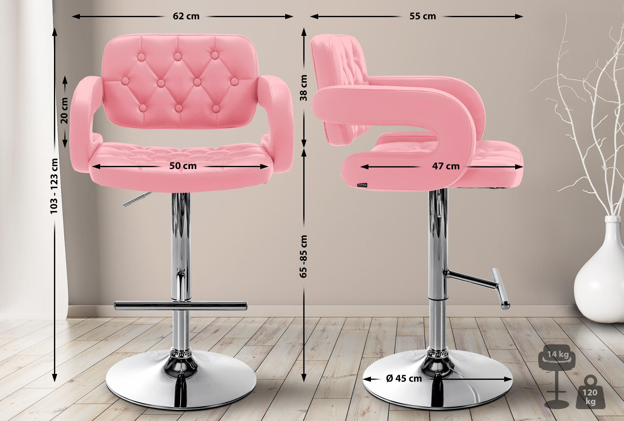 BARHOCKER Lederlook pink - Chromfarben/Pink, Textil/Metall (62/103/55cm) - CLP
