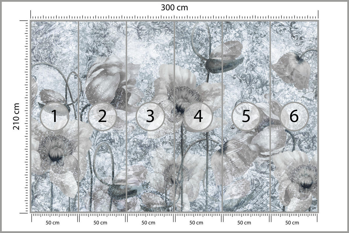 FOTOTAPETE für Wohnzimmer Grau Mohnblumen Beton Blumen Blätter 300x210 - Grau, Papier (300/210cm) - Muralo