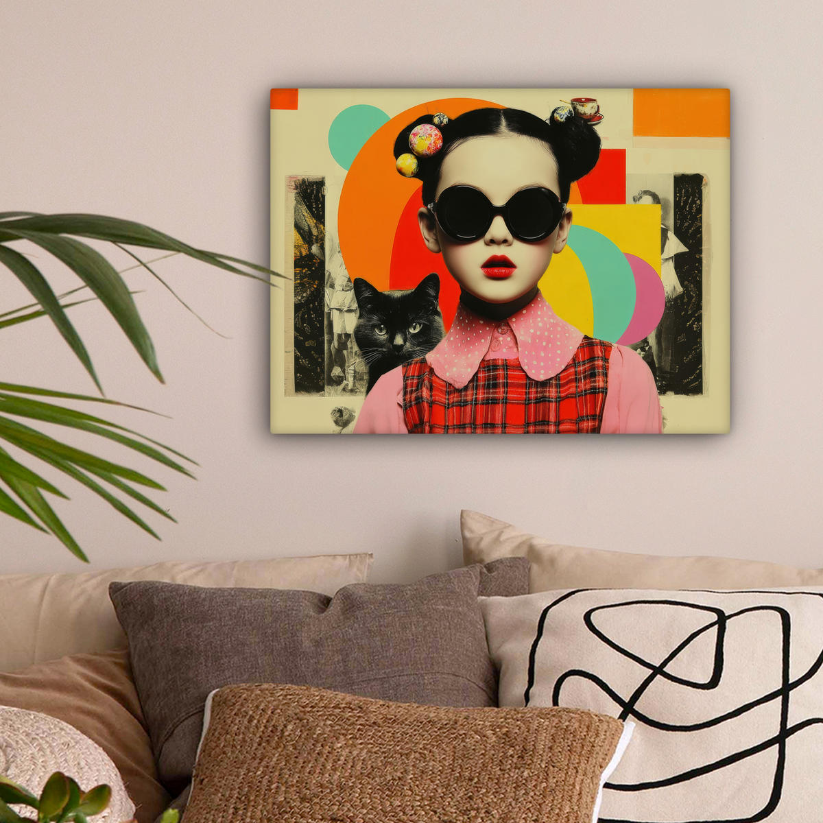 LEINWANDBILD Mädchen - Sonnenbrille - Katze - Retro Wandbild 40x30 cm - Beige, Textil (40/30cm) - MuchoWow