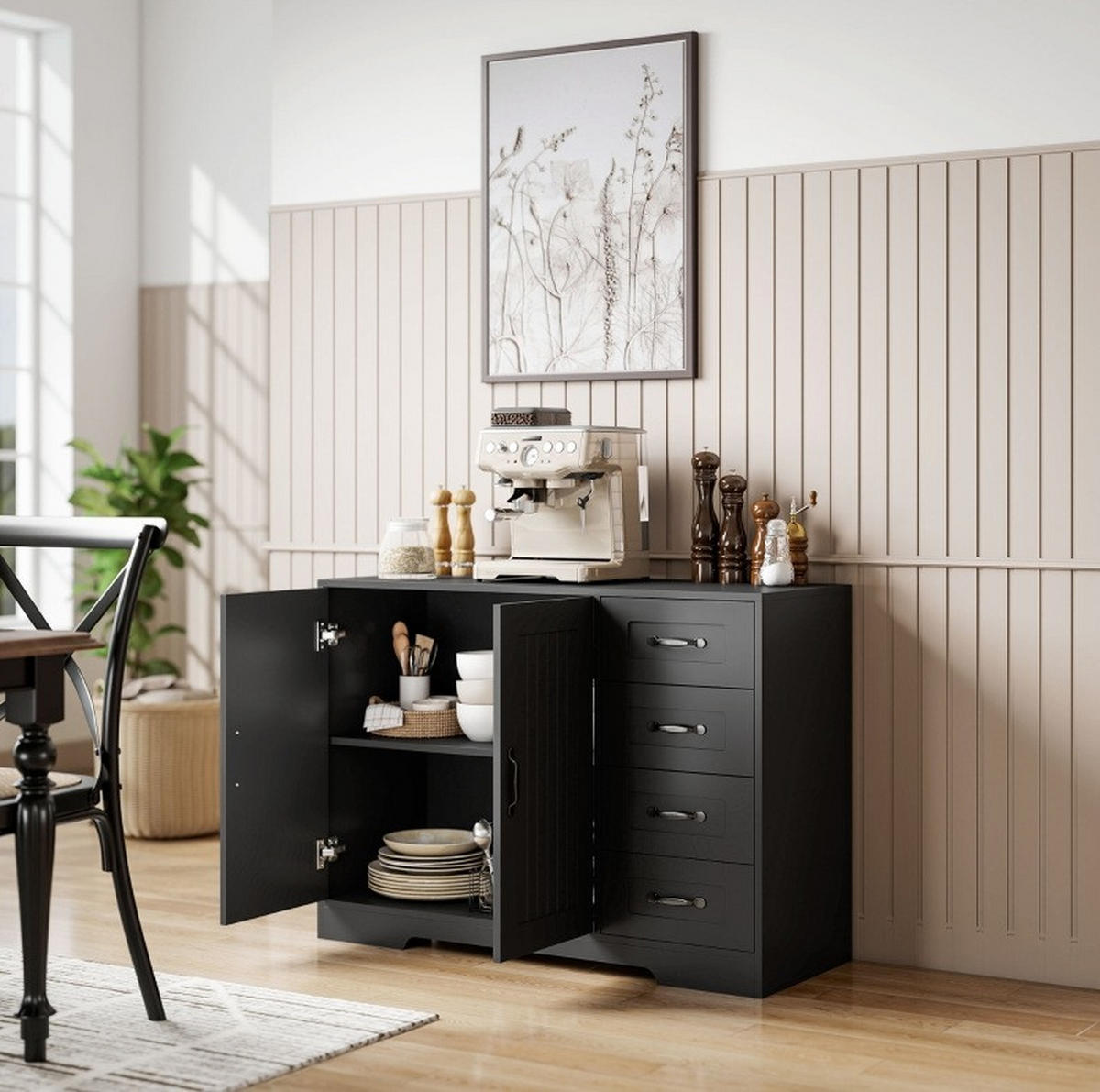 SIDEBOARD aus Holzwerkstoff 105x40x76 cm Schwarz mit 4 Schubladen, Schrank und verstellbarem Regal - Schwarz, Holz (105/76/40cm) - Modfu