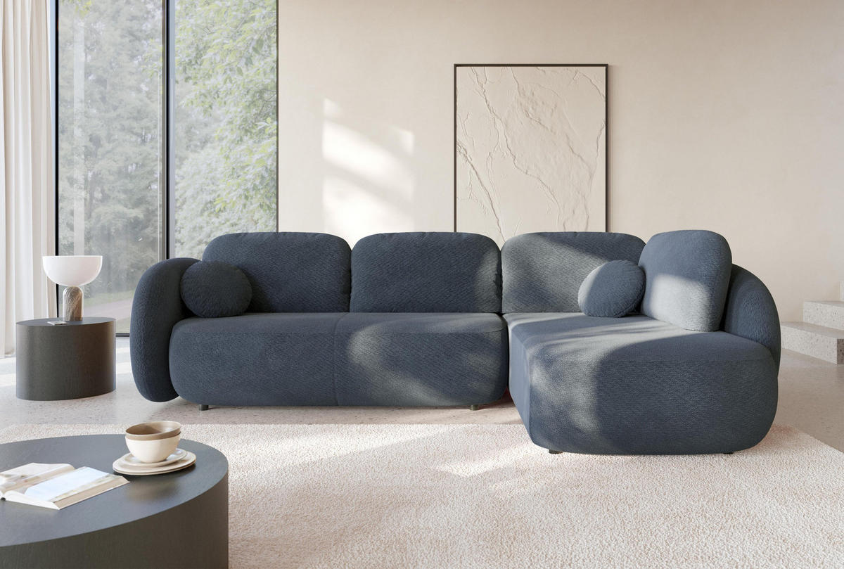 ECKSOFA AMICO II R-S Dunkelblau Geflochtener Stoff mit Schlaffunktion - Dunkelblau, Holz (289/190cm) - MASSENO