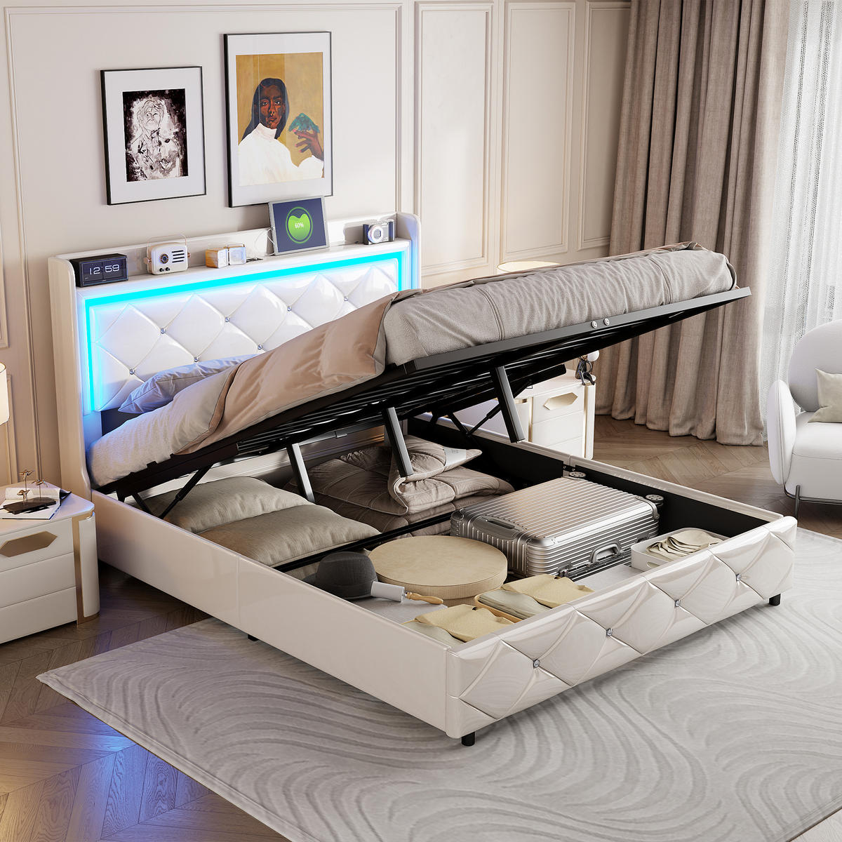 POLSTERBETT 140x200 cm, Weiß, LED-Beleuchtung und USB - Weiß, Textil/Metall (140/200cm)