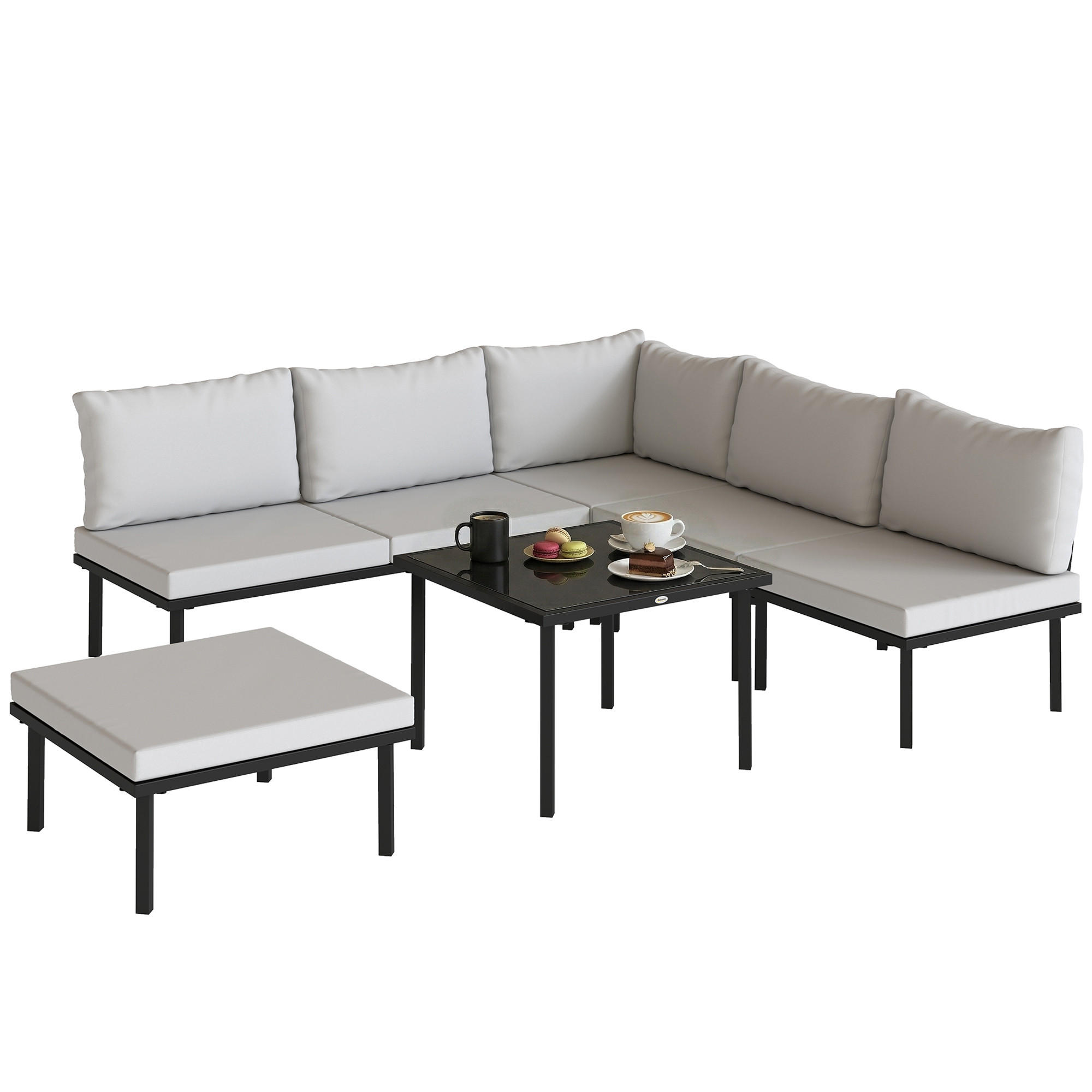 LOUNGEGARNITUR DE-13539 6-sitzig modulbar, mit Glastisch Hellgrau - Hellgrau, Metall - ComfortXL