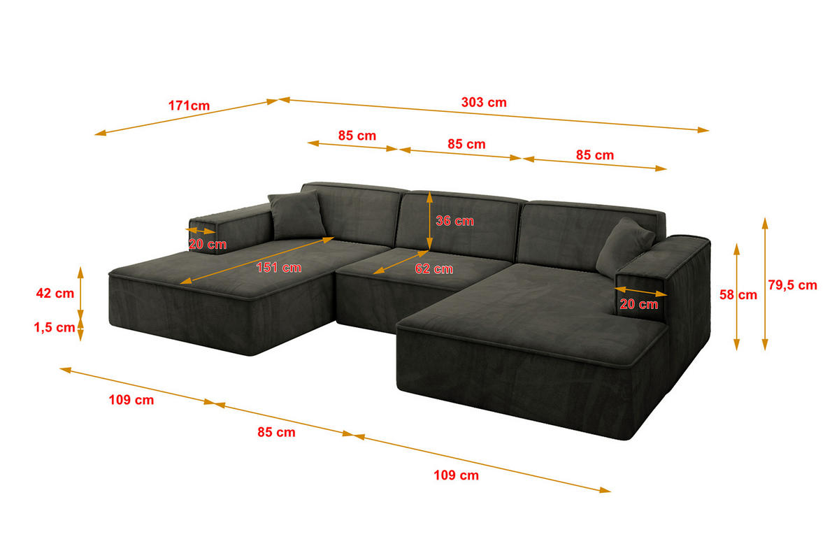 WOHNLANDSCHAFT IREA-U1-v4 - 303x171x79 cm Schwarz - Schwarz, Holzwerkstoff/Textil (303/79/171cm) - ALTDECOR