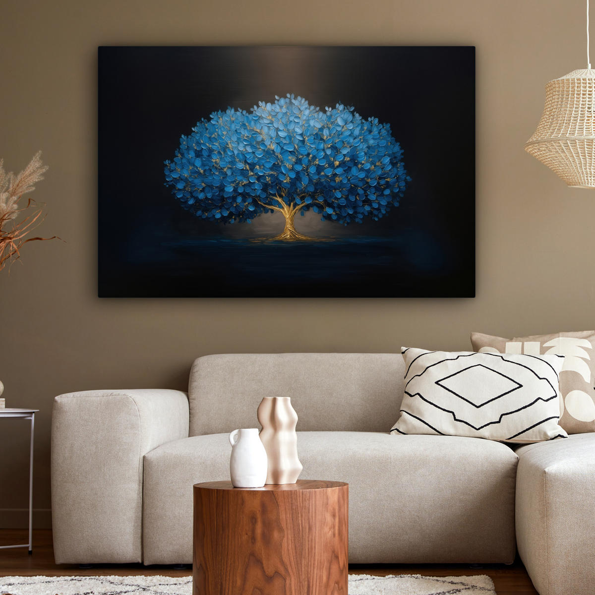 LEINWANDBILD Baum - Blau - Blätter - Pinselstriche Wohnzimmer Groß 120x80 cm - Blau, Textil (120/80cm) - MuchoWow