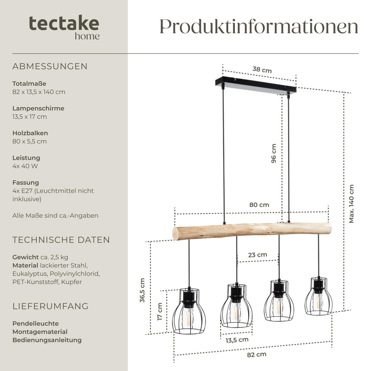 HÄNGELEUCHTE Woody,82 x 13,5 x 140 cm,schwarz/braun - Schwarz/Braun, Metall (82/13.5/140cm) - tectake