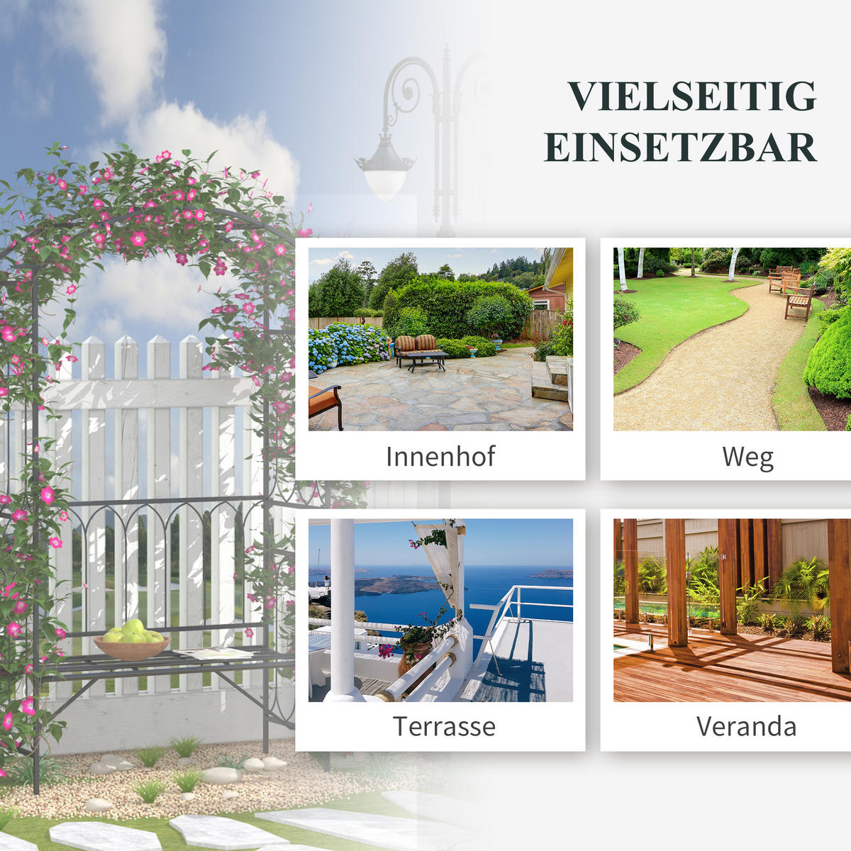 ROSENBOGEN mit Bank, 115 x 50 x 203 cm, Metall, Schwarz - Schwarz, Metall (115/203/50cm) - Outsunny