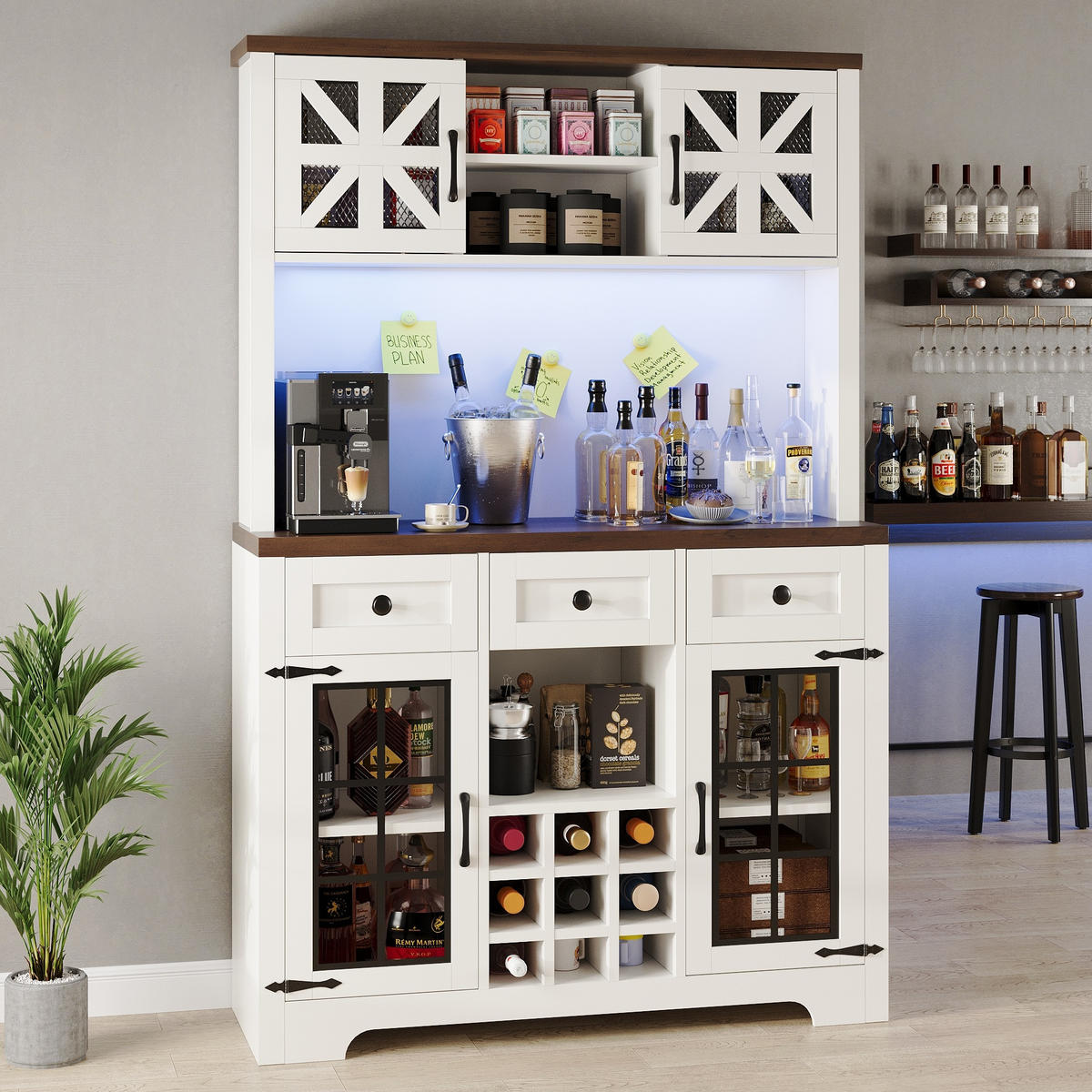 BUFFET 120/40/180 cm in Weiß mit LED-Beleuchtung und Weinregal - Weiß, Holzwerkstoff (120/180/40cm) - Flora Grace