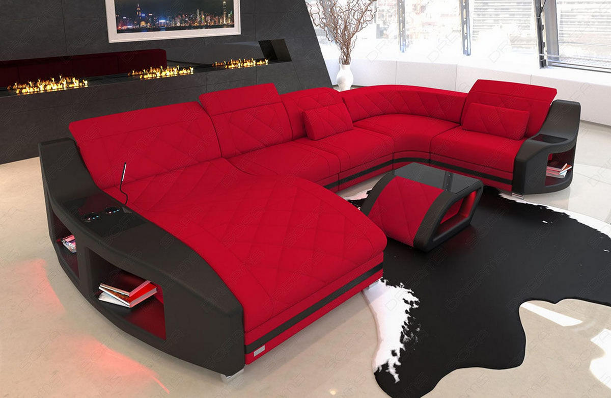 WOHNLANDSCHAFT Stoff Sofa Swing U Form Rot Schwarz Mikrofaserstoff - Rot, Kunststoff (404/90/220cm)