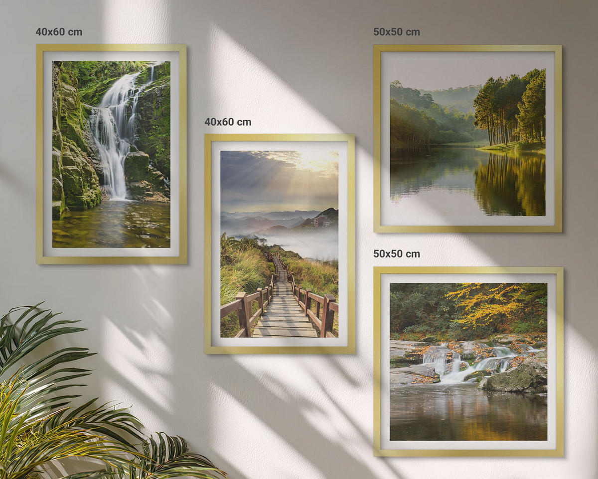 BILDER SET 4er Set - 50x50 cm & 40x60 cm Goldrahmen - Wasserfälle, Berge, Wolken, Herbst - Goldfarben, Kunststoff (50/50cm) - TULUP