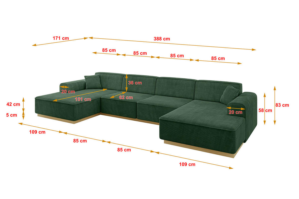 WOHNLANDSCHAFT IREA-U2-v2 - 388x171x83 cm Grün - Currygelb, Holzwerkstoff/Textil (388/83/171cm) - ALTDECOR