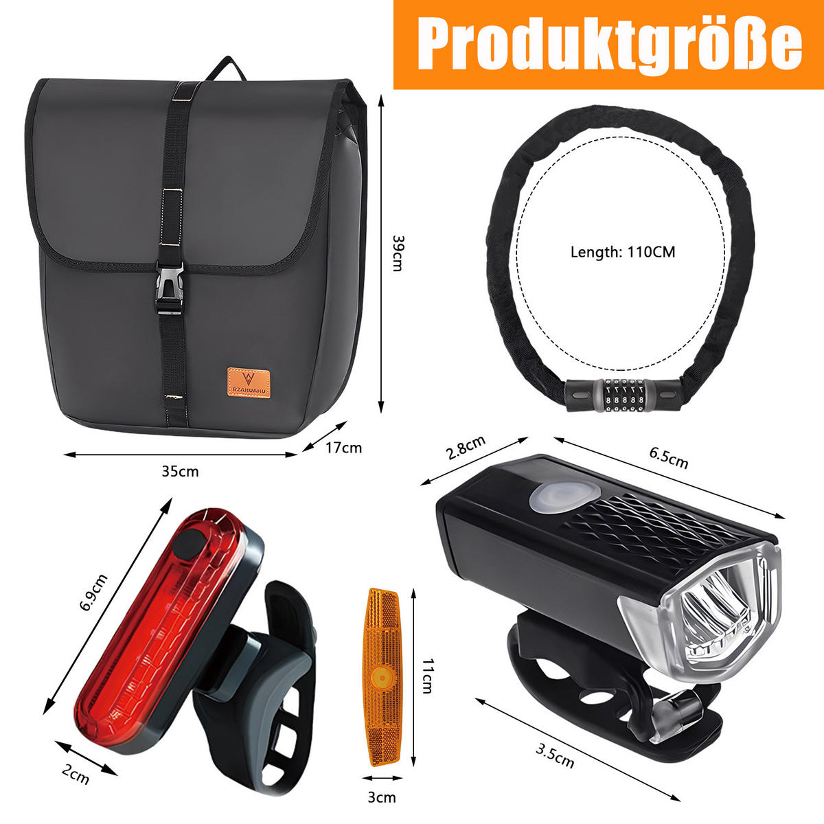 FAHRRADZUBEHÖR Set 5in1, LED-Licht, Gepäckträgertasche & Kettenschloss - Schwarz, Textil (17/39/35cm)