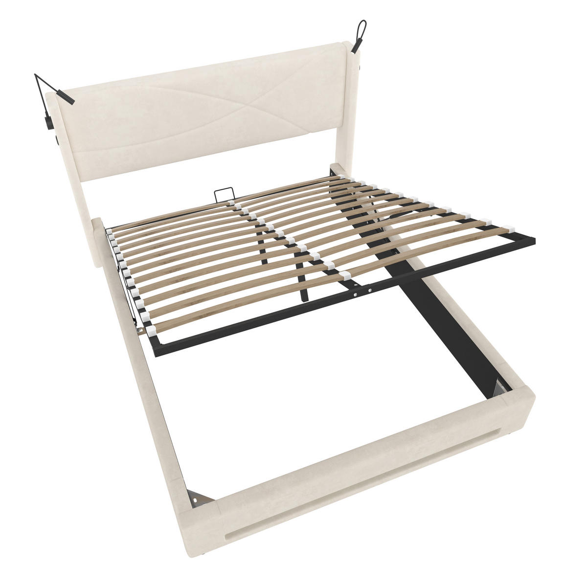 BETTGESTELL 140/200 cm Beige mit LED-Lichtleisten und hydraulischem Stauraum - Beige, Textil (140/200cm) - OKWISH