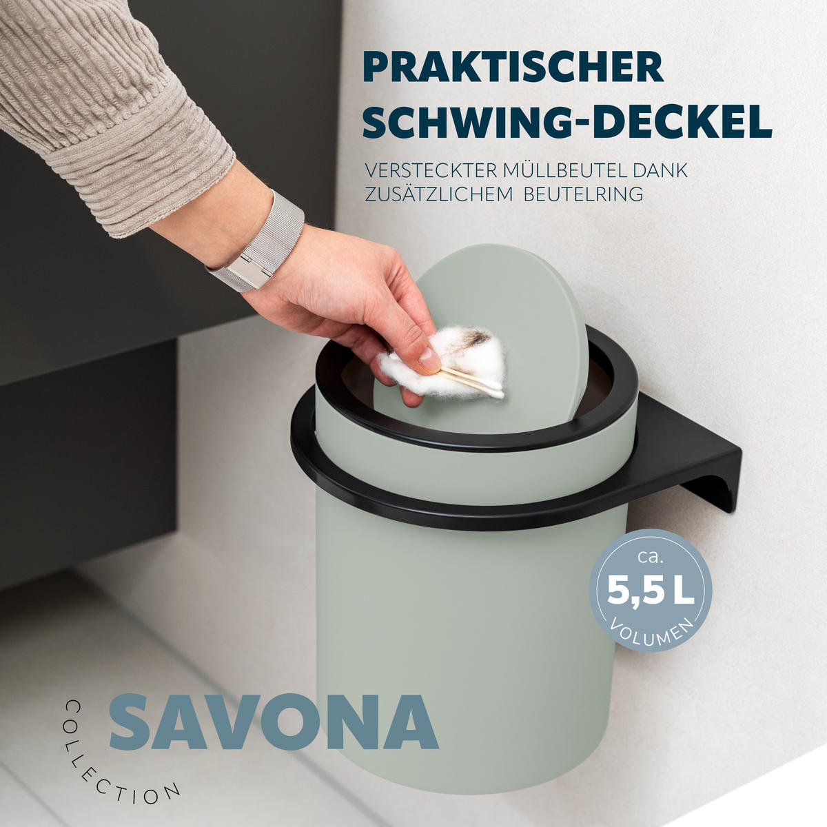 WC-GARNITUR 2-TLG. Bürste u. Eimer SAVONA Softtouch inkl. Wandhalterung, rund - salbei - Salbeigrün, Kunststoff (19/24.5/19cm) - bremermann