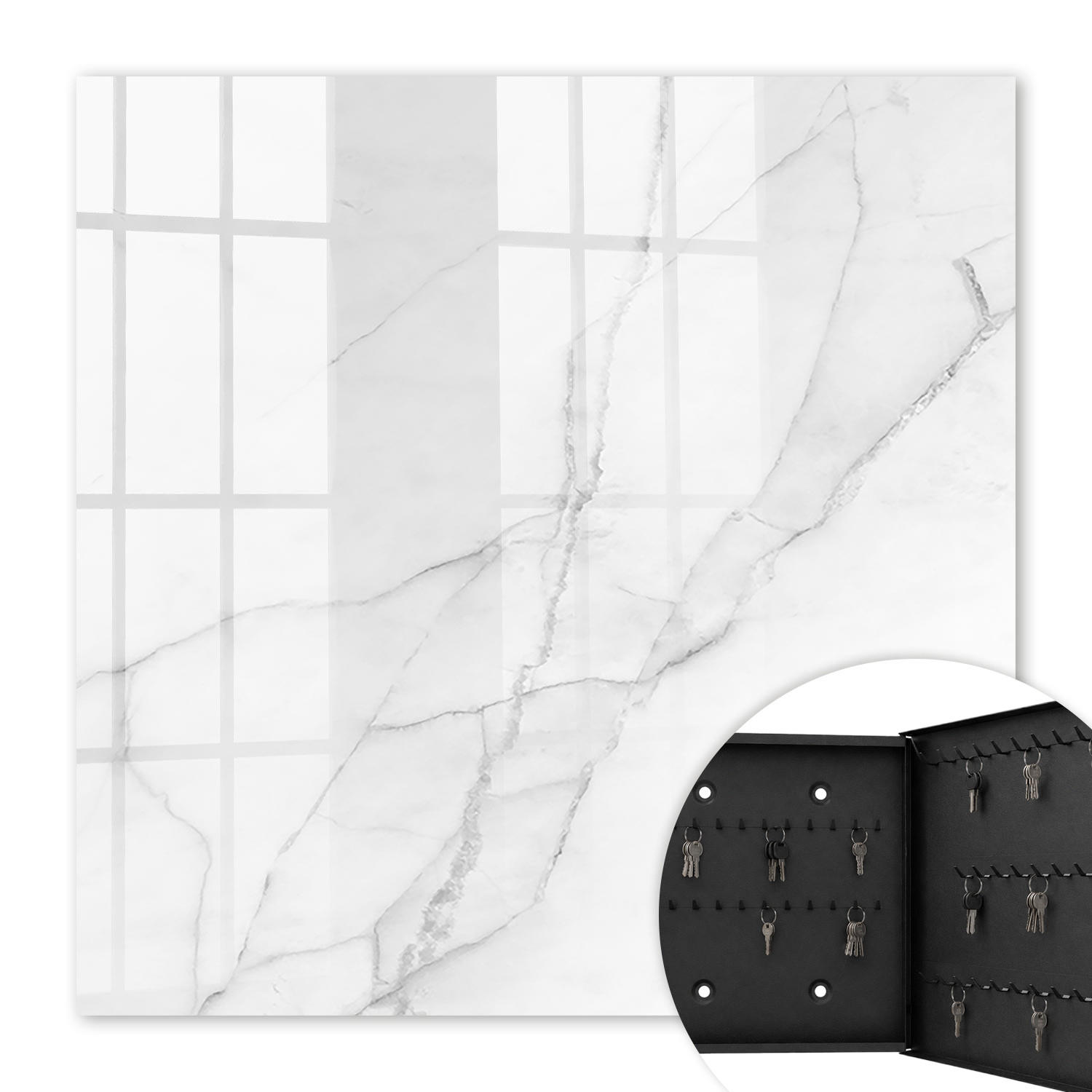 SCHLÜSSELBOX Schwarz 30x30 cm- Türöffnung nach rechts - Marmor-Eleganz - Weiß, Metall (30/30/5cm) - TULUP