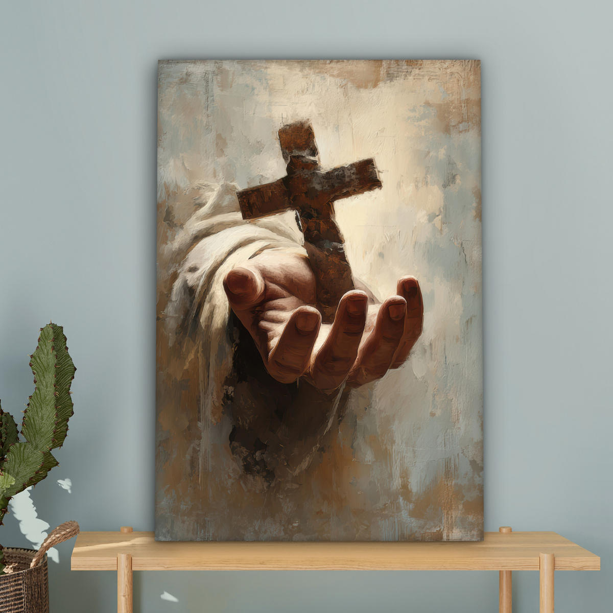 LEINWANDBILD Abstrakt - Kreuz - Hand - Christentum Wanddeko Schlafzimmer 60x90 cm - Hellbraun, Textil (60/90cm) - MuchoWow