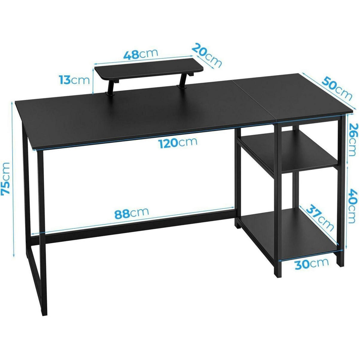 SCHREIBTISCH mit Stauraum und Monitorständer 120 x 50 cm Schwarz - Schwarz, Metall (120/55/75cm)