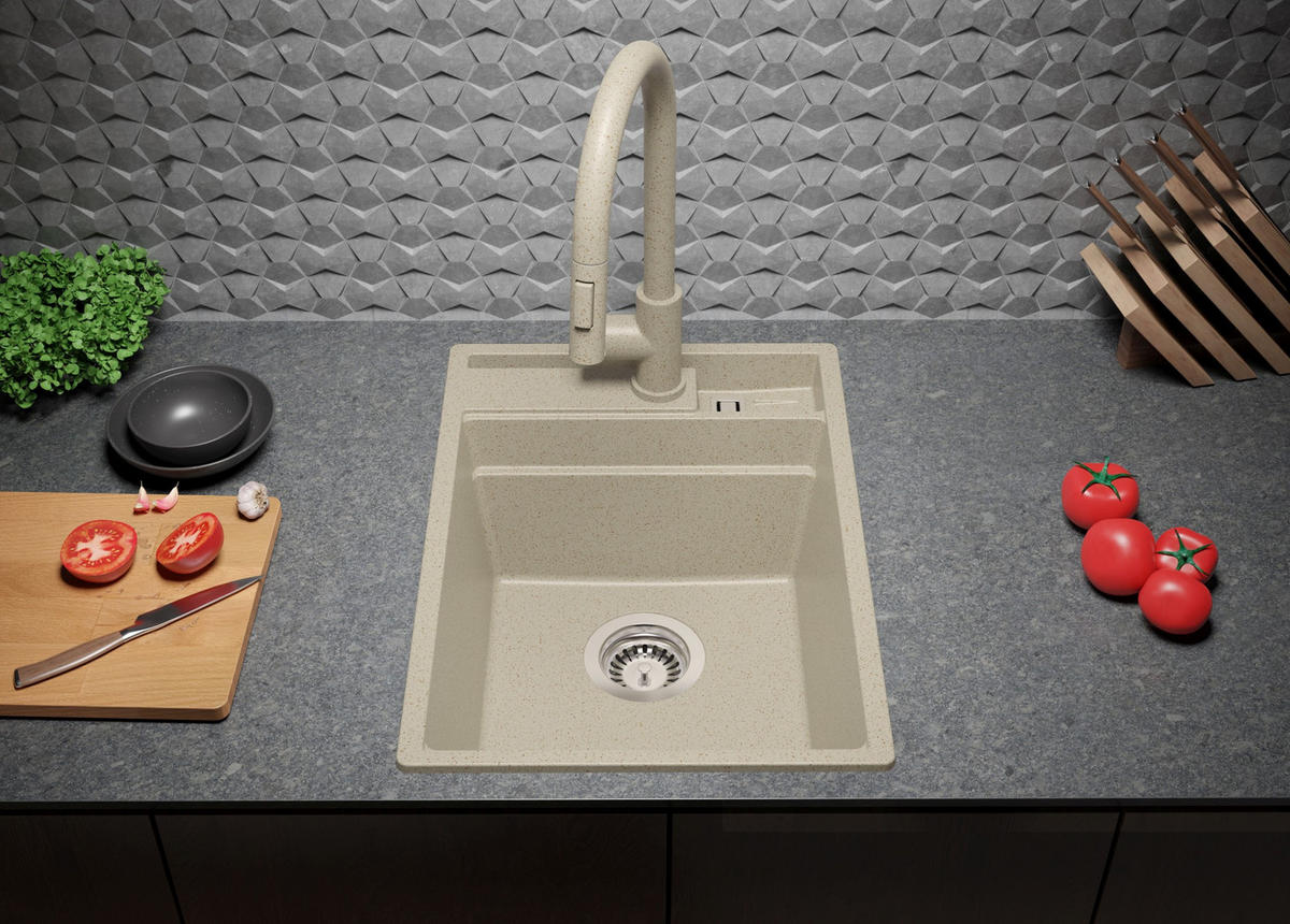 SPÜLBECKEN Oslo Pocket, 2-er set Beige 38/53 cm 1 Becken + Ablauf-Set + Küchenzubehörset ab 40er Unterschrank - Chromfarben/Beige, Kunststoff (38/20/53cm) - Primagran