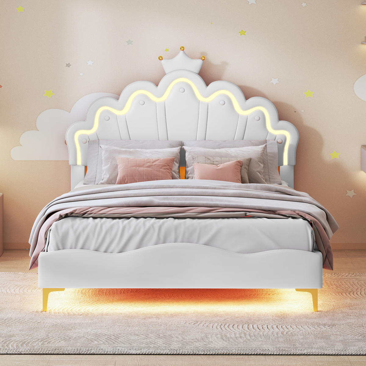 ČALOUNĚNÁ postel 140x200 cm, bílá, s lamelovým roštem, dětská postel s nastavitelným LED osvětlením, PU - bílá, kov/textil (140/200cm)
