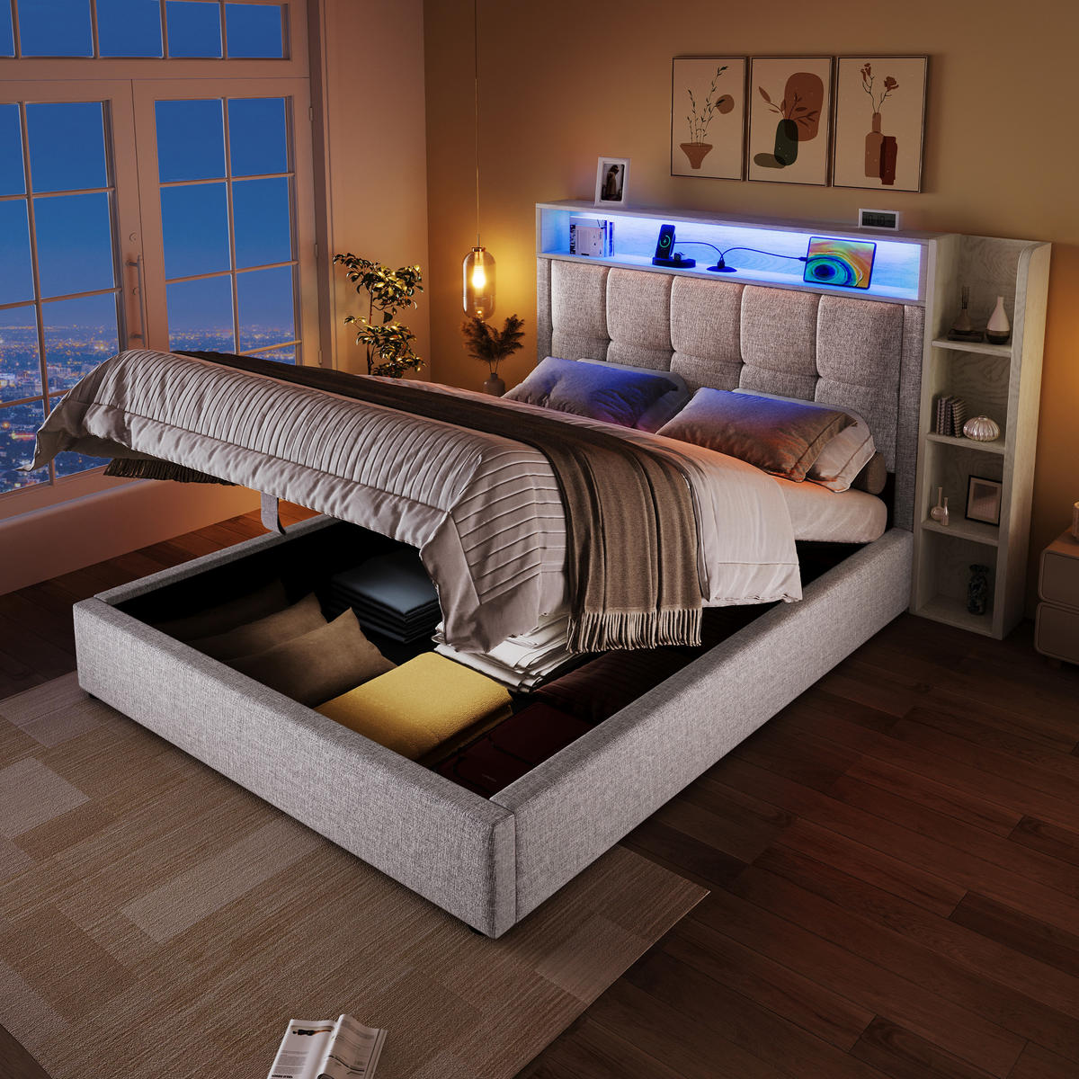 POLSTERBETT 90x200cm Beige USB-C LED-Licht App-Steuerung Leinen - Beige, Holz (90/200cm) - FLIEKS