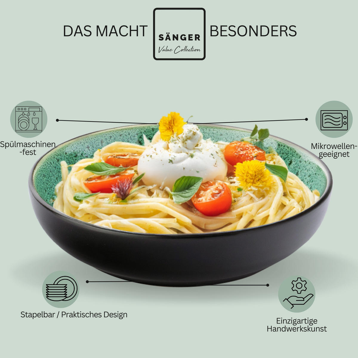 PASTASCHALEN SET GREENWICH - 6 teilig aus Steingut - Grün, Stein (22.2/22.2/6.3cm) - Sänger
