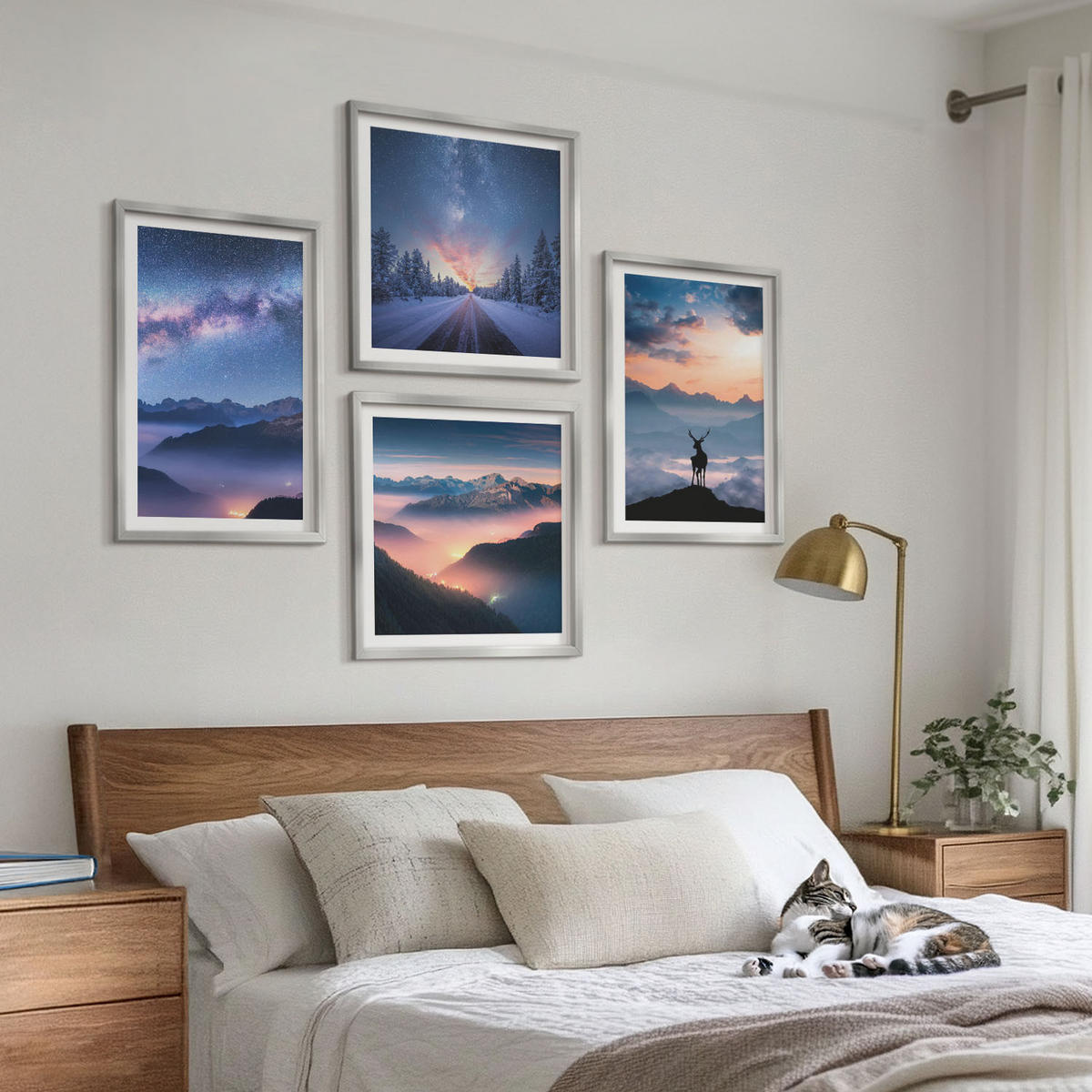 BILDER SET 4er Set - 50x50 cm & 40x60 cm Silberner Rahmen - Nachthimmel Berge Nebel Hirsch - Silberfarben, Kunststoff (50/50cm) - TULUP