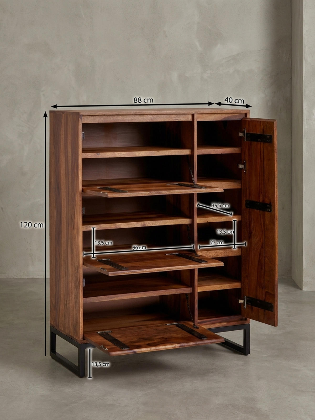 SCHUHSCHRANK – Massivholz, 88x40x120 cm, geschlossen, stilvolles Design - Schwarz/Braun, Holz/Metall (88/120/40cm) - KADIMA DESIGN